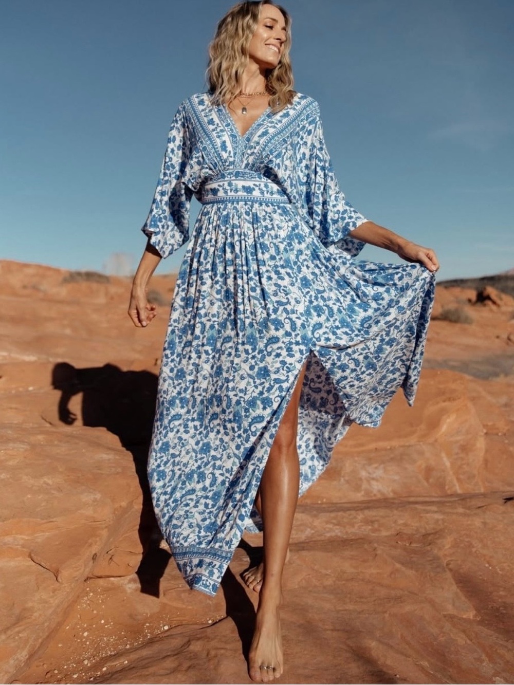 Baltic Born White and Blue Floral V‑Neck Maxi Dress